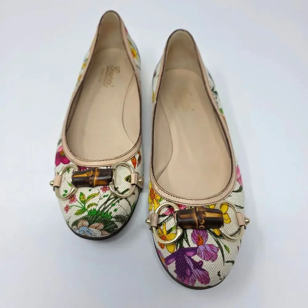 Gucci Horsebit Ballerina Floral Vintage Bamboo Flats Canvas Leather IT 36C 6